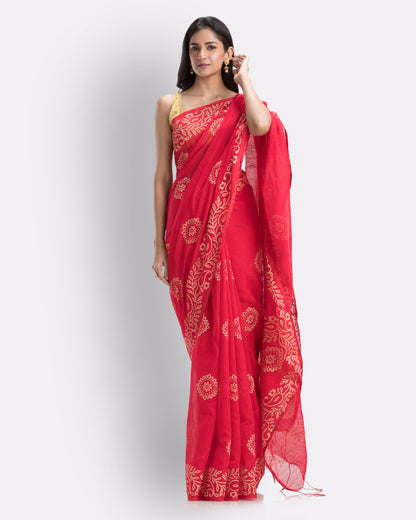 Women's Red Cotton Blend Handloom Printed Saree