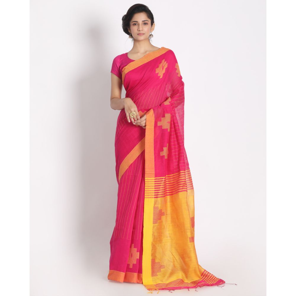 Women's Pink Cotton Blend Handloom Saree
