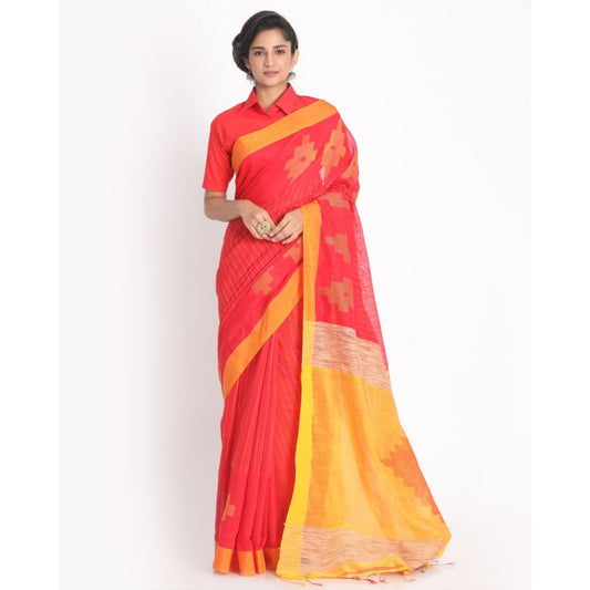 Women's Red Cotton Blend Handloom Saree