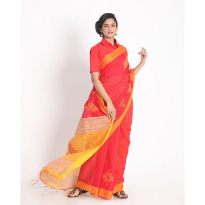 Women's Red Cotton Blend Handloom Saree