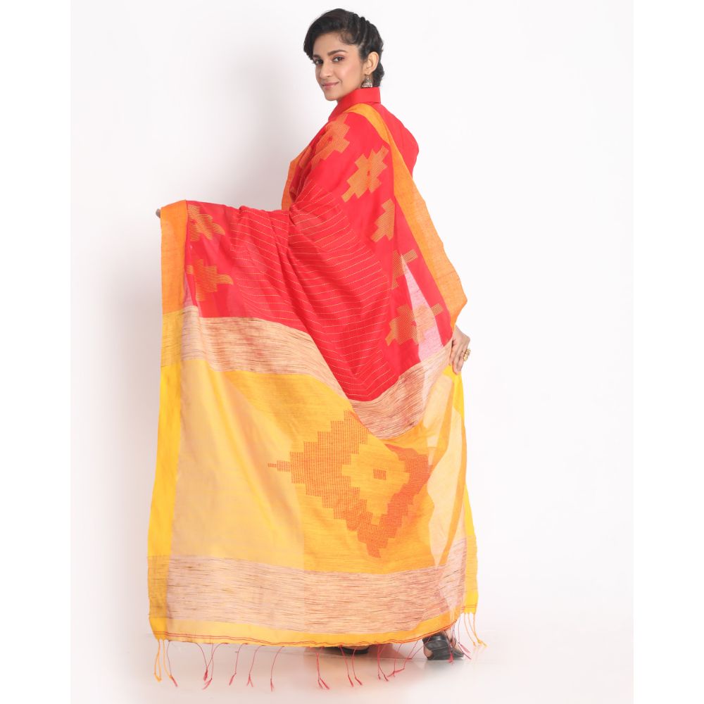 Women's Red Cotton Blend Handloom Saree