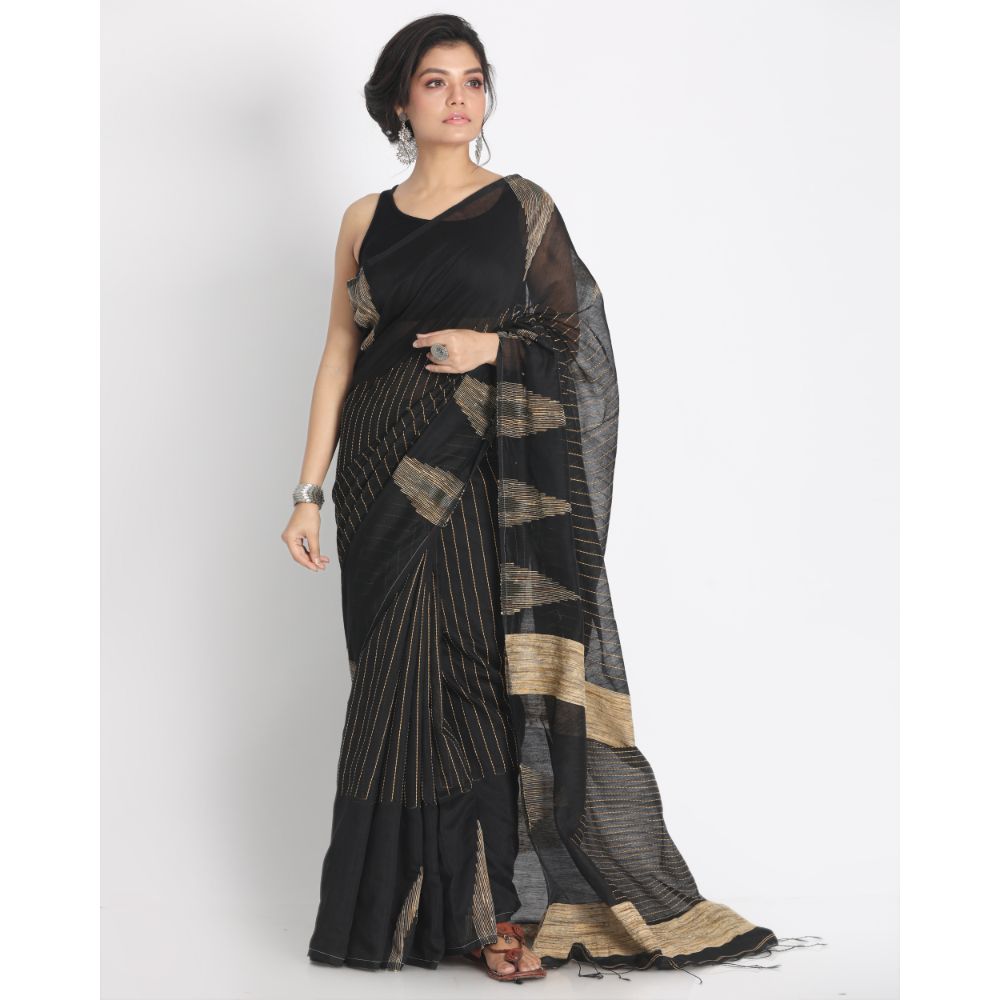 Women's Black Cotton Blend Handloom Saree
