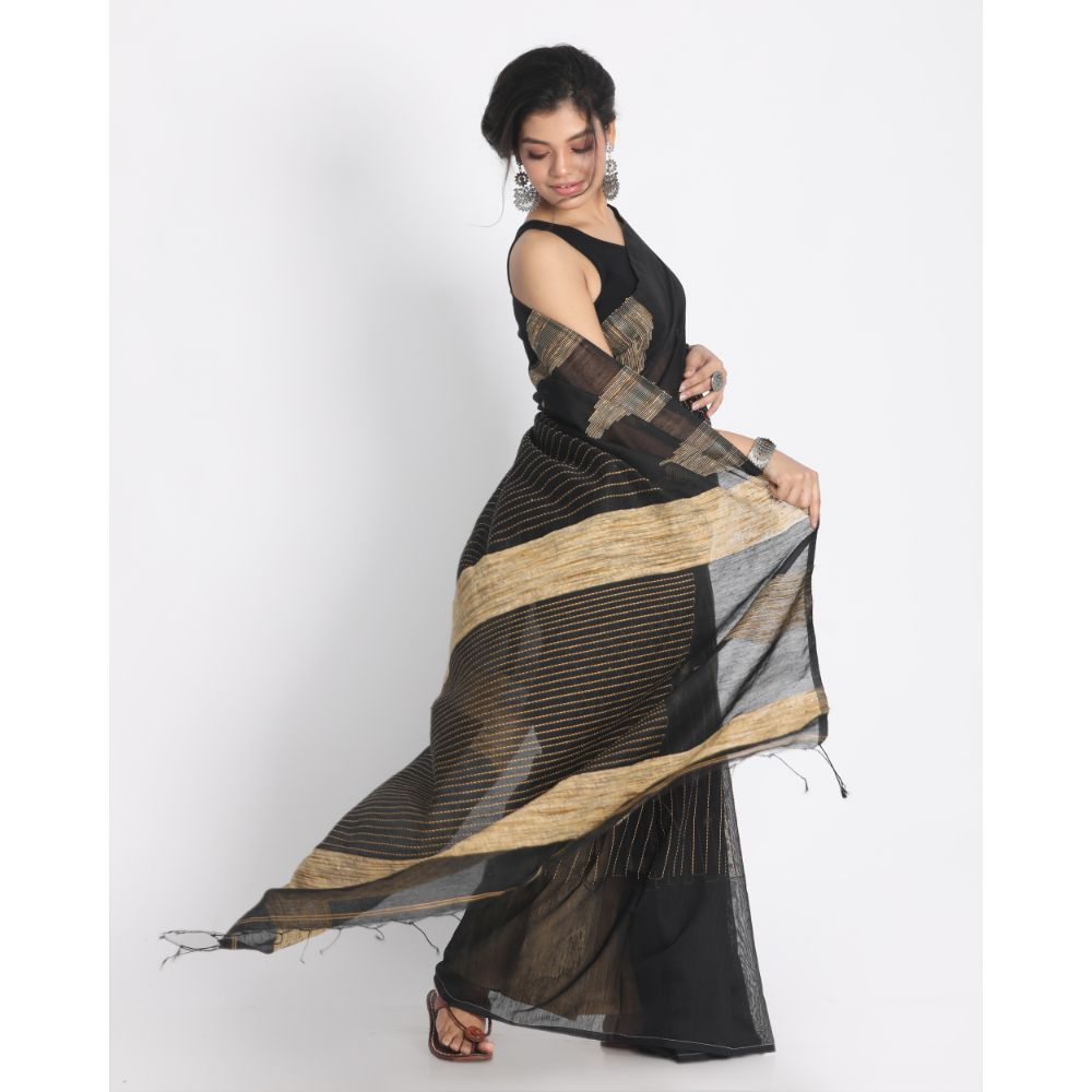 Women's Black Cotton Blend Handloom Saree