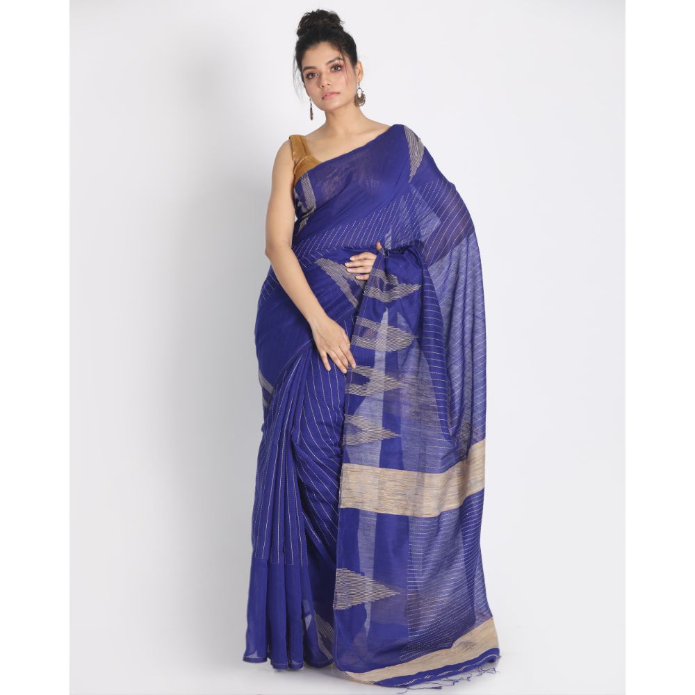 Women's Blue Cotton Blend Handloom Saree