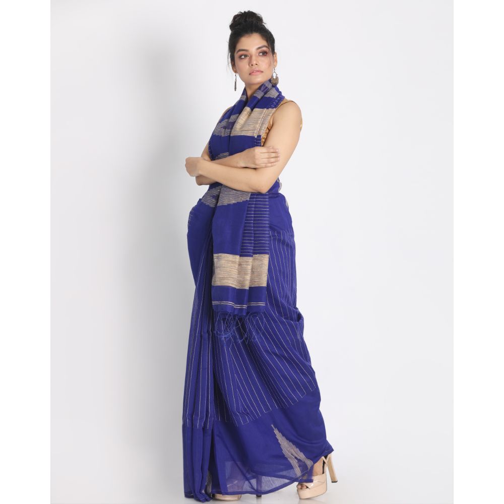 Women's Blue Cotton Blend Handloom Saree