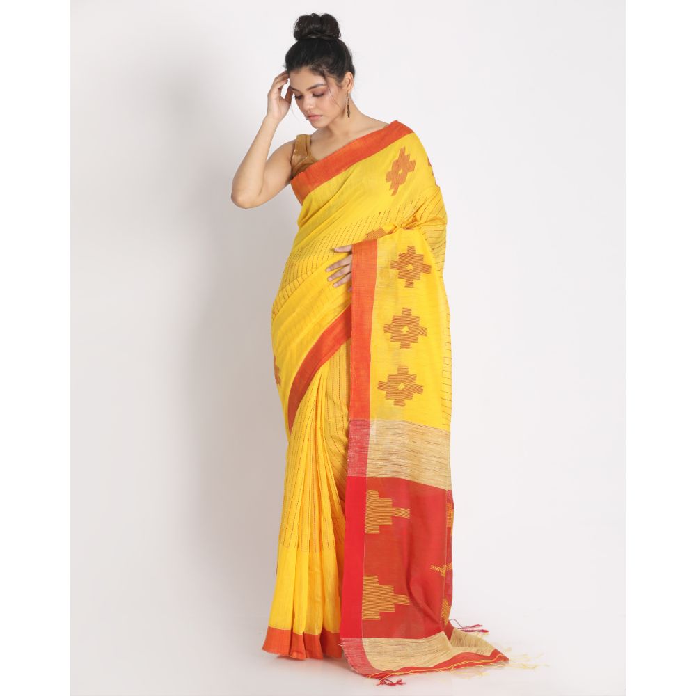Women's Yellow Cotton Blend Handloom Saree