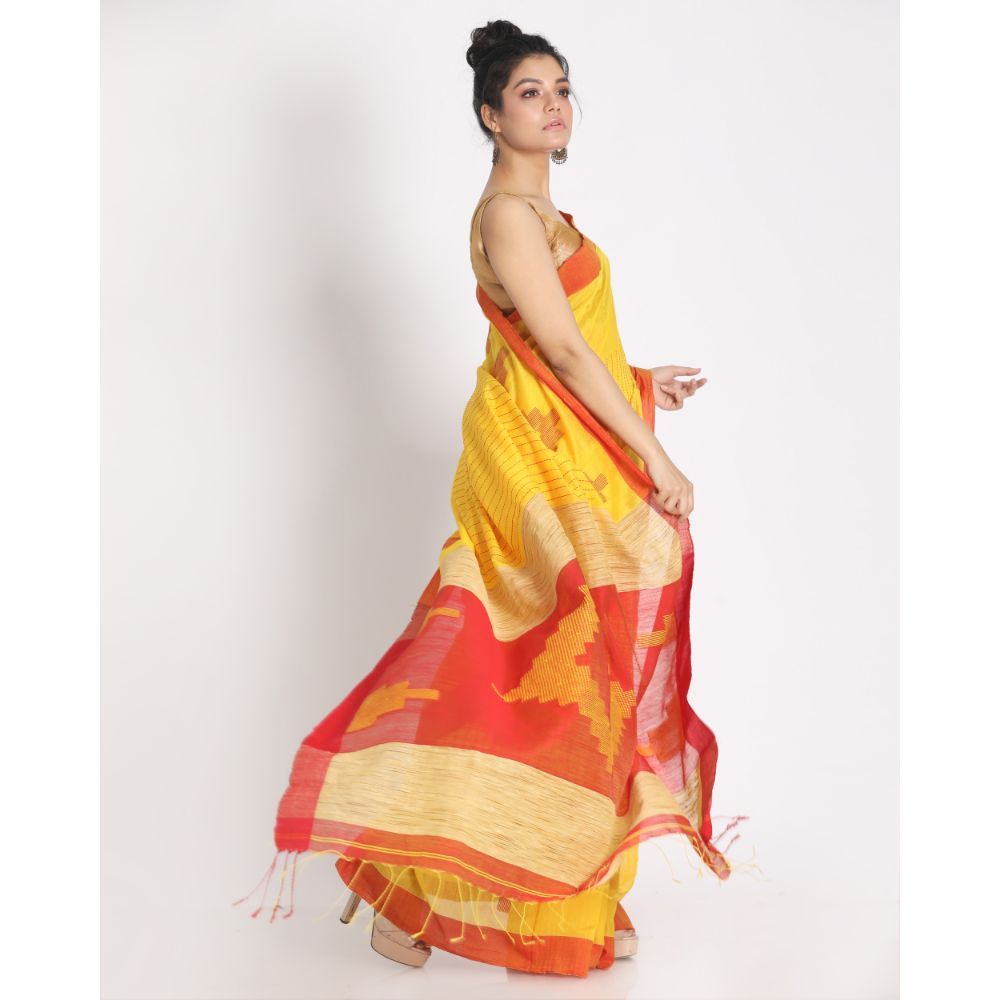 Women's Yellow Cotton Blend Handloom Saree