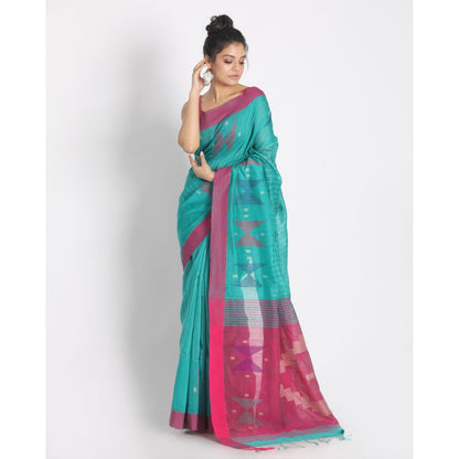 Women's Turquoise Cotton Blend Handloom Saree