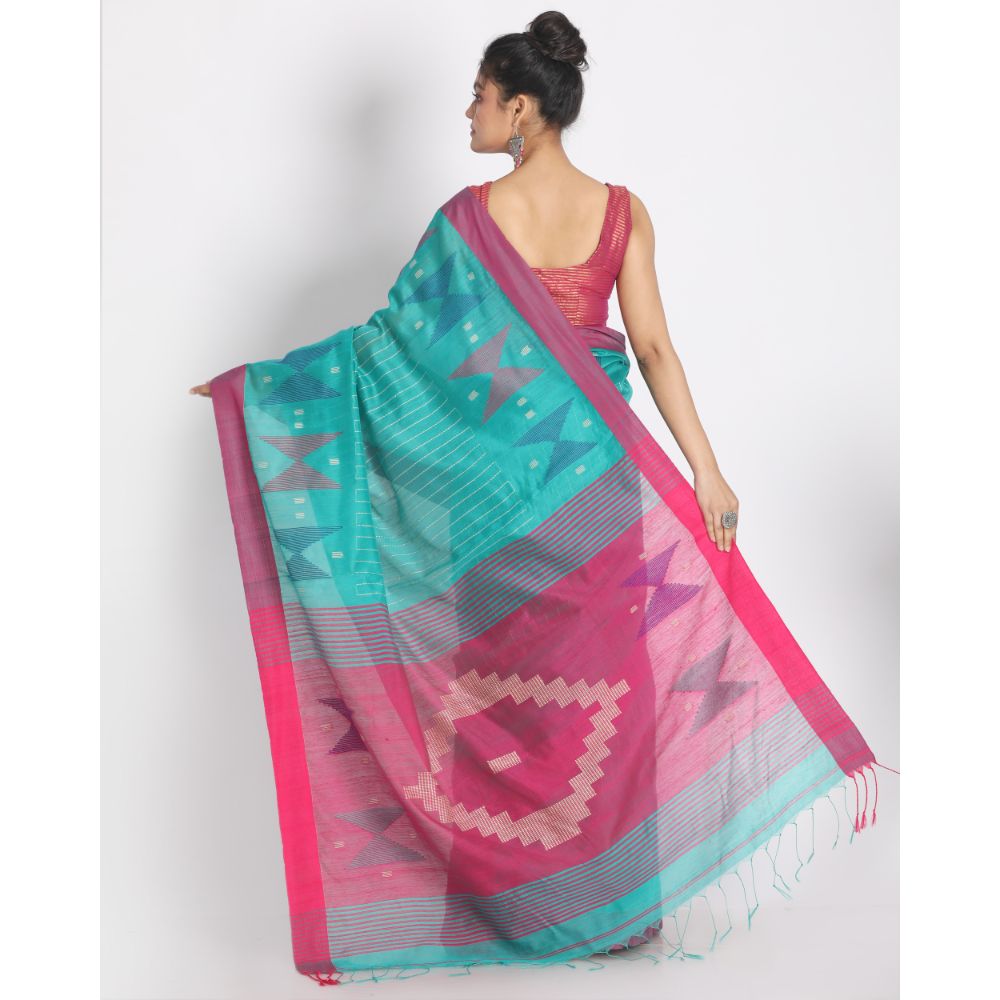 Women's Turquoise Cotton Blend Handloom Saree
