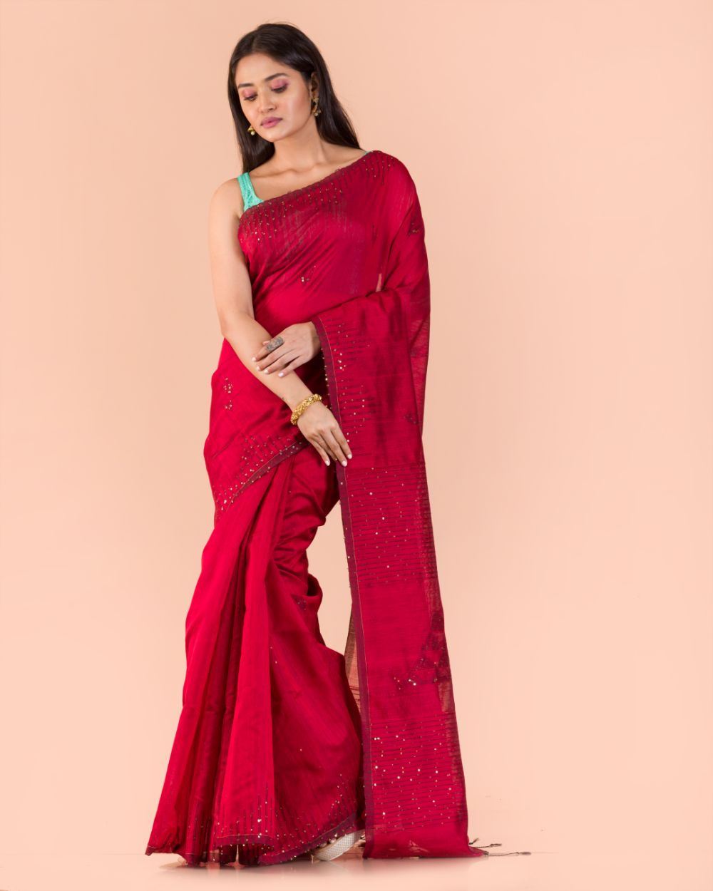 Women's Red Cotton Blend Handloom Saree