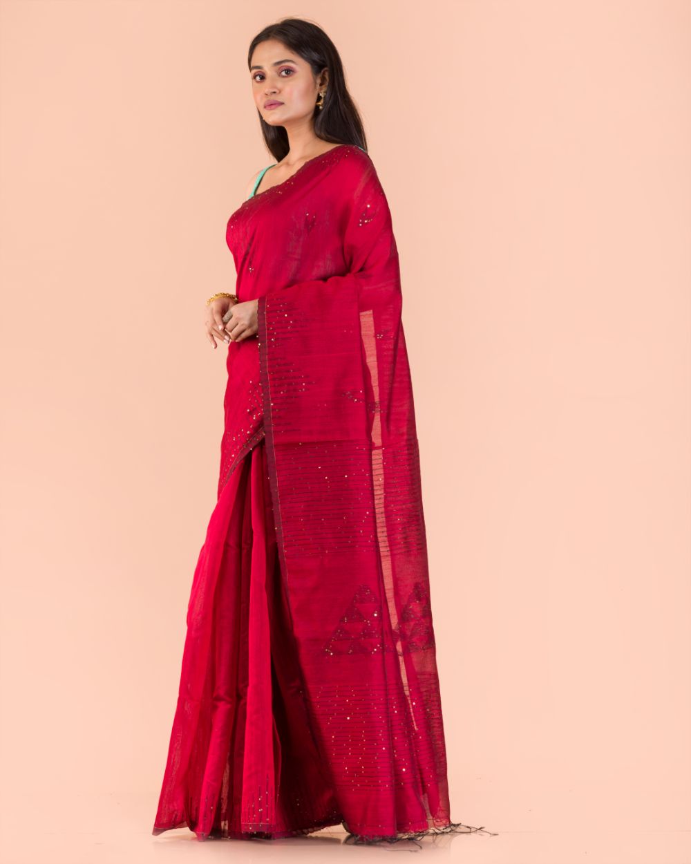 Women's Red Cotton Blend Handloom Saree