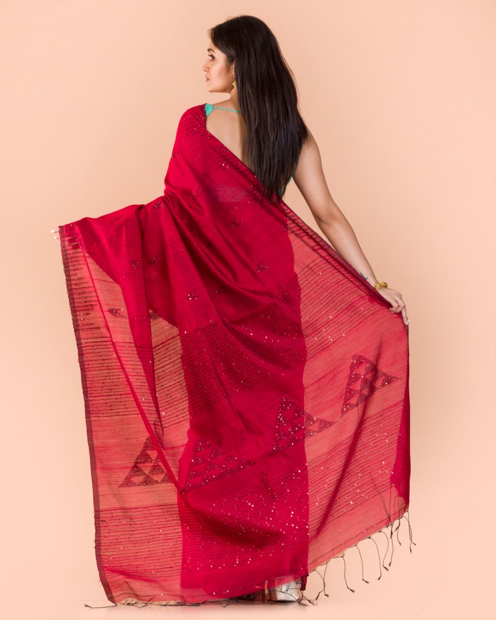 Women's Red Cotton Blend Handloom Saree