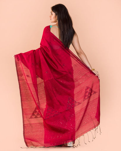Women's Red Cotton Blend Handloom Saree