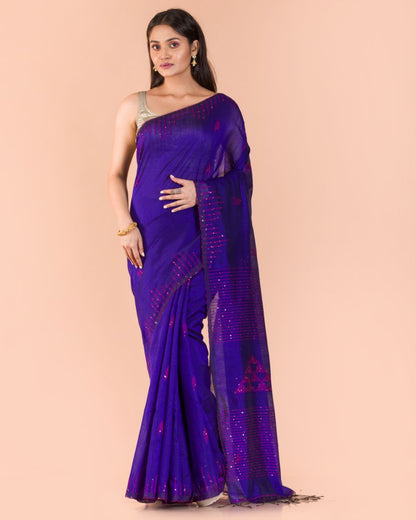 Women's Blue Cotton Blend Handloom Saree