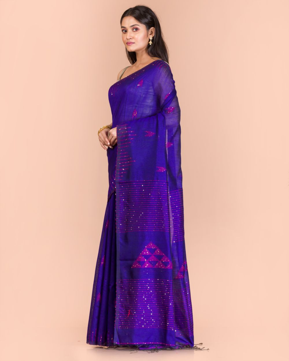 Women's Blue Cotton Blend Handloom Saree