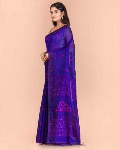 Women's Blue Cotton Blend Handloom Saree