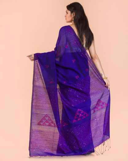 Women's Blue Cotton Blend Handloom Saree