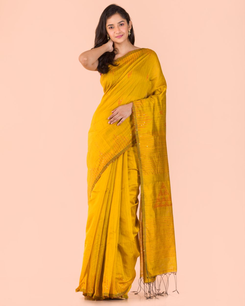 Women's Yellow Cotton Blend Handloom Saree