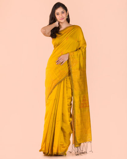Women's Yellow Cotton Blend Handloom Saree