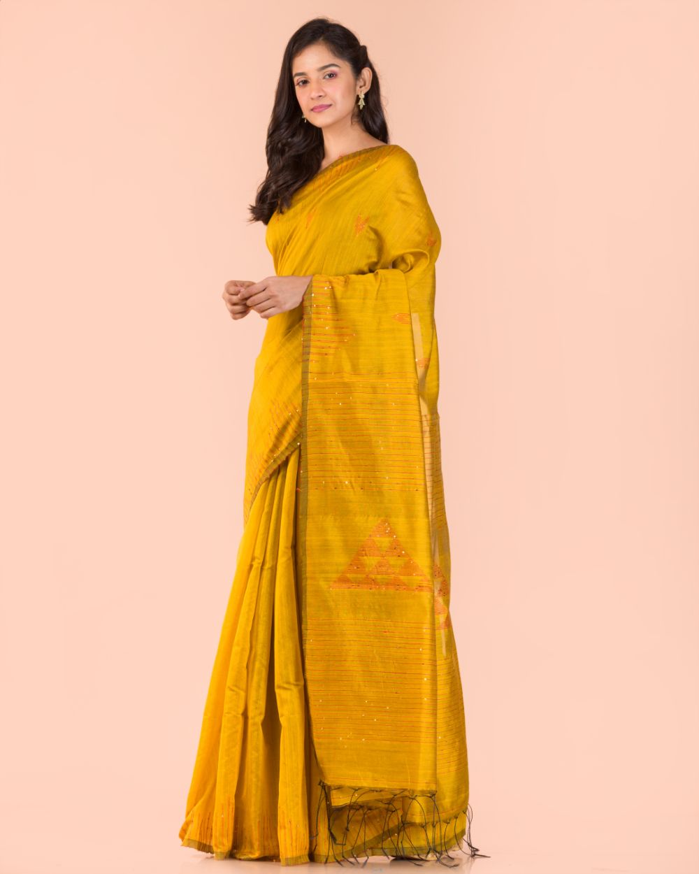 Women's Yellow Cotton Blend Handloom Saree