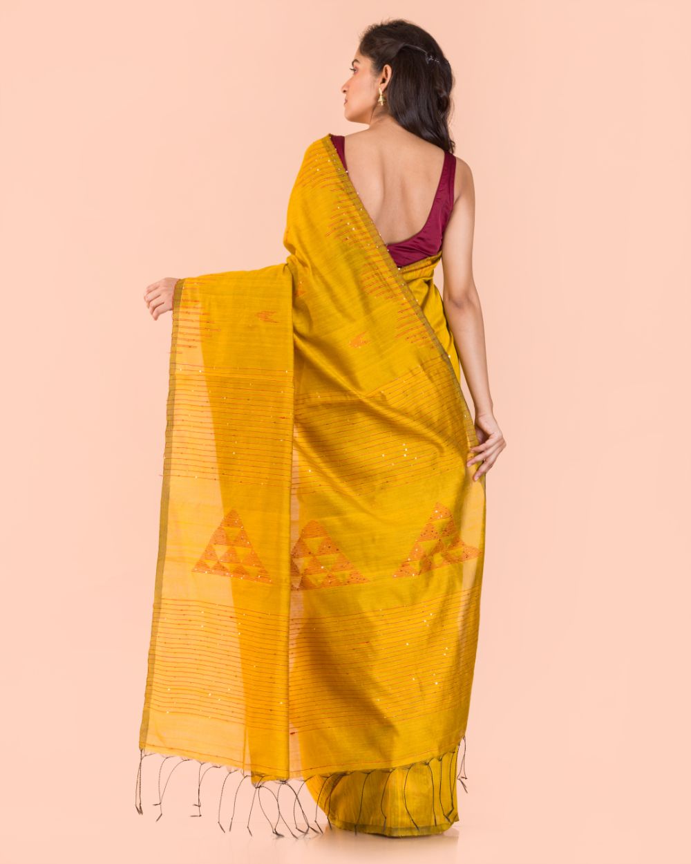 Women's Yellow Cotton Blend Handloom Saree