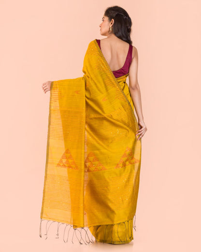 Women's Yellow Cotton Blend Handloom Saree