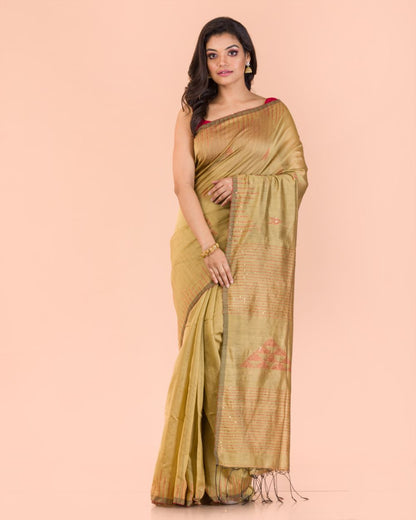 Women's Beige Cotton Blend Handloom Saree