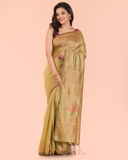 Women's Beige Cotton Blend Handloom Saree