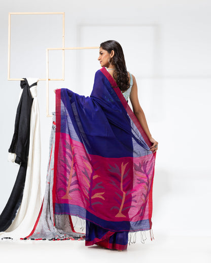 Women's Blue Cotton Blend Handloom Saree