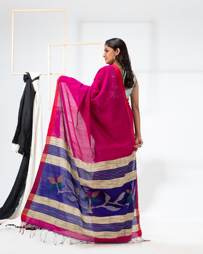 Women's Pink Cotton Blend Handloom Saree
