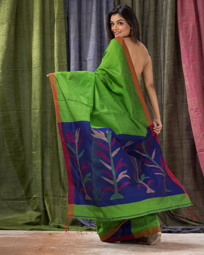 Women's Green Cotton Blend Handloom Jamdani Saree