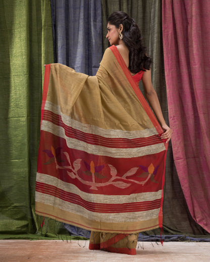 Women's Beige Cotton Blend Handloom Jamdani Saree