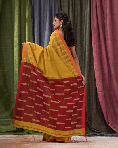 Women's Yellow Cotton Blend Handloom Jamdani Saree