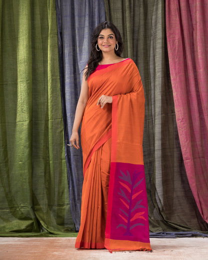 Women's Orange Cotton Blend Handloom Jamdani Saree