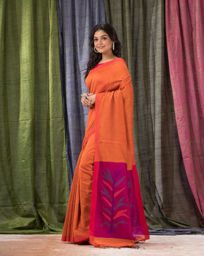 Women's Orange Cotton Blend Handloom Jamdani Saree