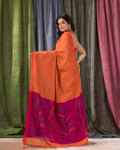Women's Orange Cotton Blend Handloom Jamdani Saree
