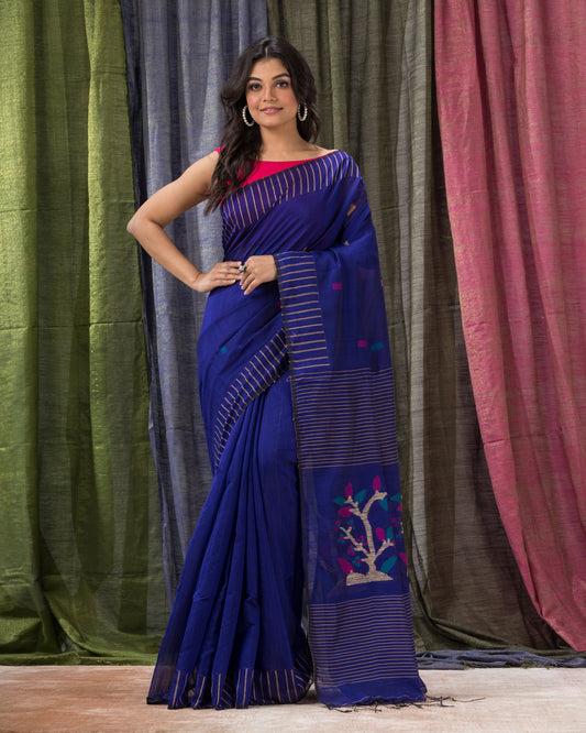 Women's Blue Cotton Blend Handloom Jamdani Saree