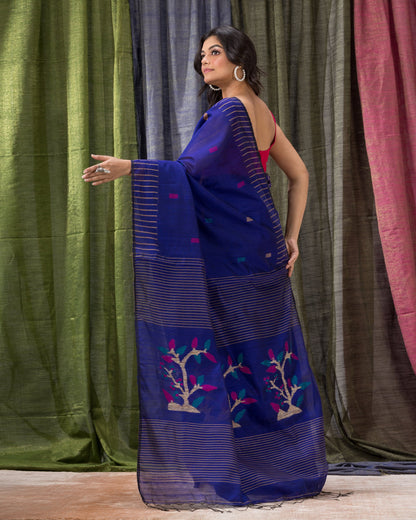 Women's Blue Cotton Blend Handloom Jamdani Saree