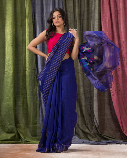 Women's Blue Cotton Blend Handloom Jamdani Saree