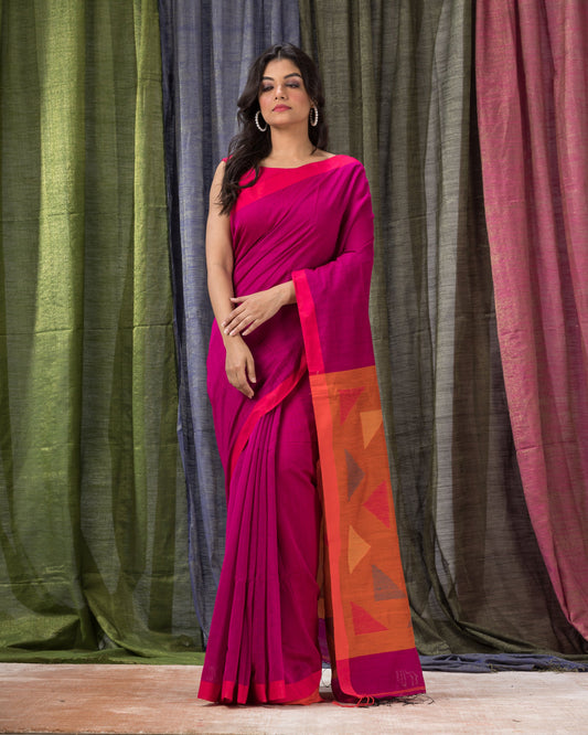 Women's Pink Cotton Blend Handloom Jamdani Saree