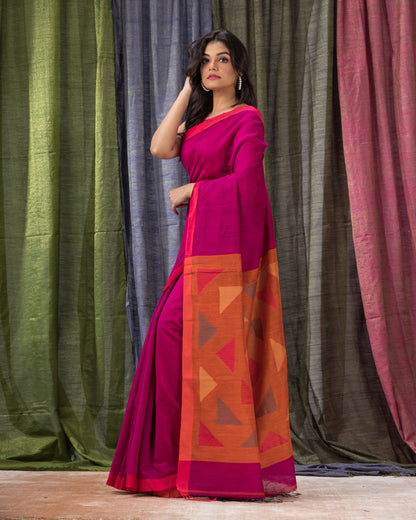 Women's Pink Cotton Blend Handloom Jamdani Saree