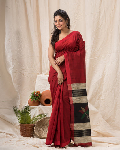 Women's Red Cotton Blend Handloom Jamdani Saree