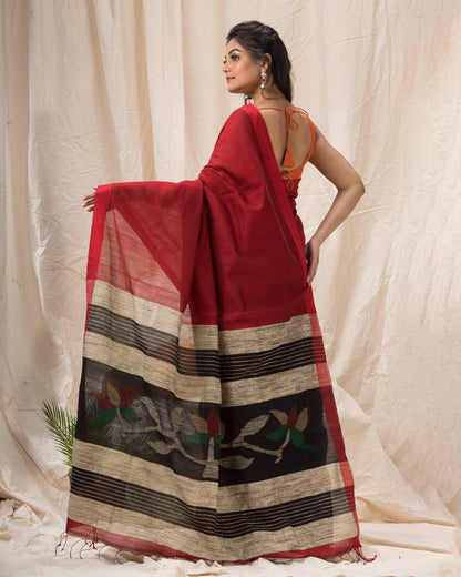 Women's Red Cotton Blend Handloom Jamdani Saree
