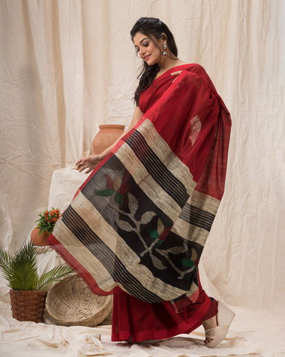 Women's Red Cotton Blend Handloom Jamdani Saree
