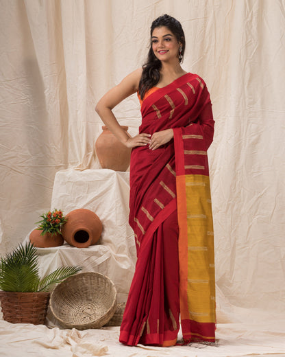 Women's Red Cotton Blend Handloom Jamdani Saree