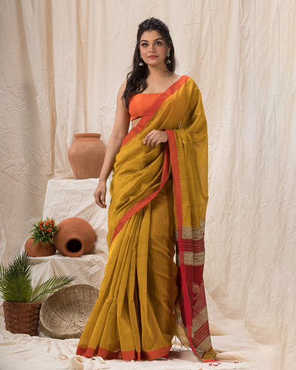 Women's Yellow Cotton Blend Handloom Jamdani Saree
