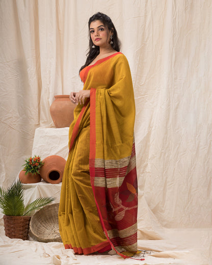 Women's Yellow Cotton Blend Handloom Jamdani Saree