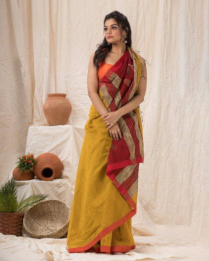 Women's Yellow Cotton Blend Handloom Jamdani Saree