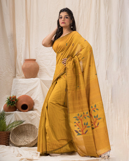 Women's Yellow Cotton Blend Handloom Jamdani Saree