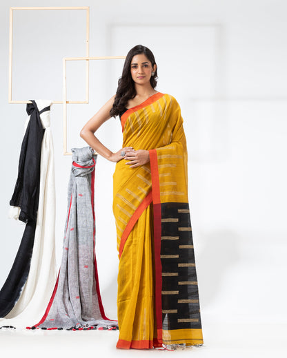 Women's Yellow Cotton Blend Handloom Jamdani Saree